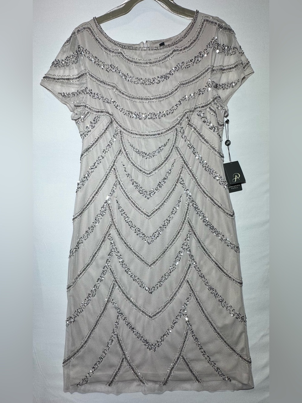 Adrianna Papell Silver-Beige Sequined Chevron Dress